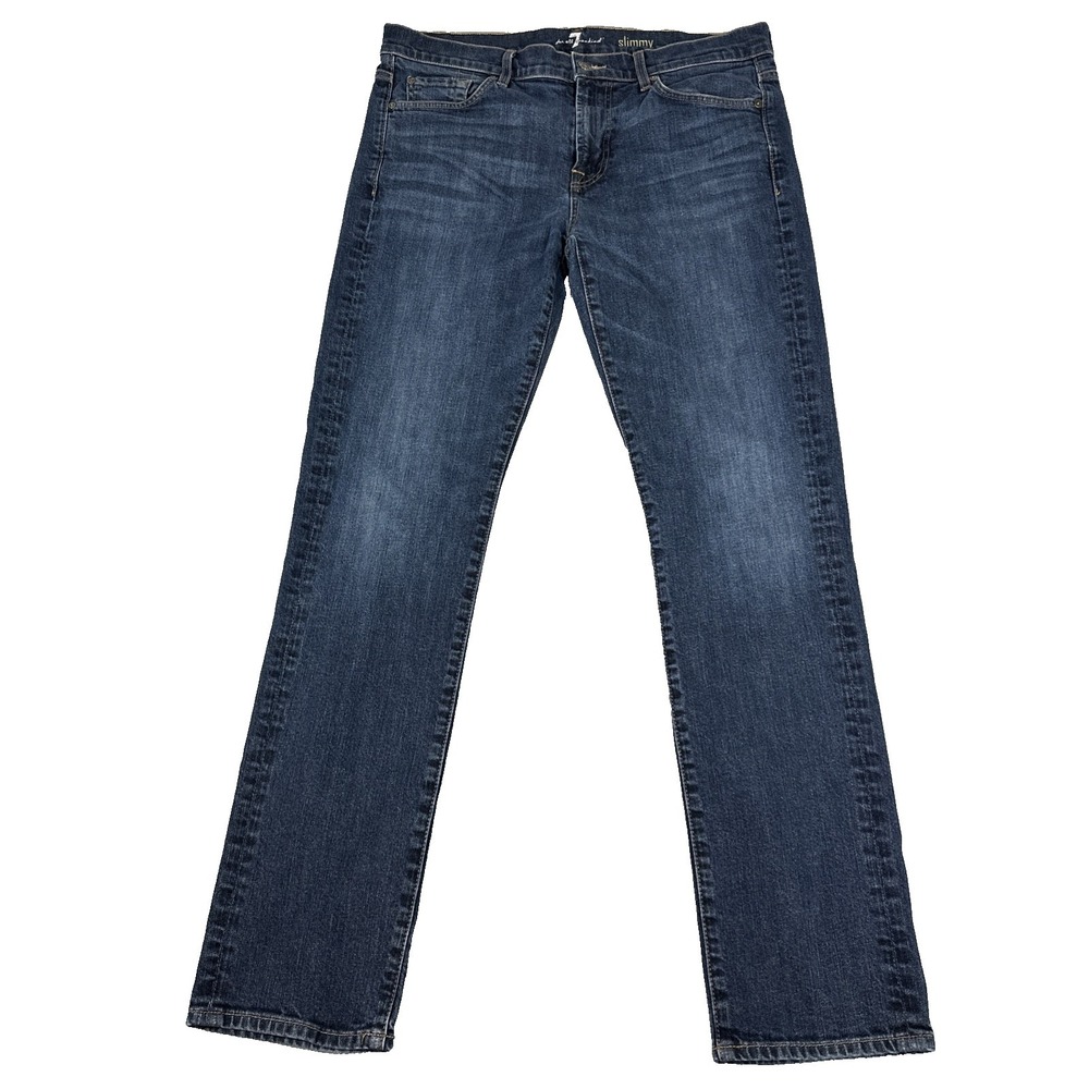 7 For All Mankind Slimmy Jeans Men's Blue Dark Wash Whiskered Denim 36x33